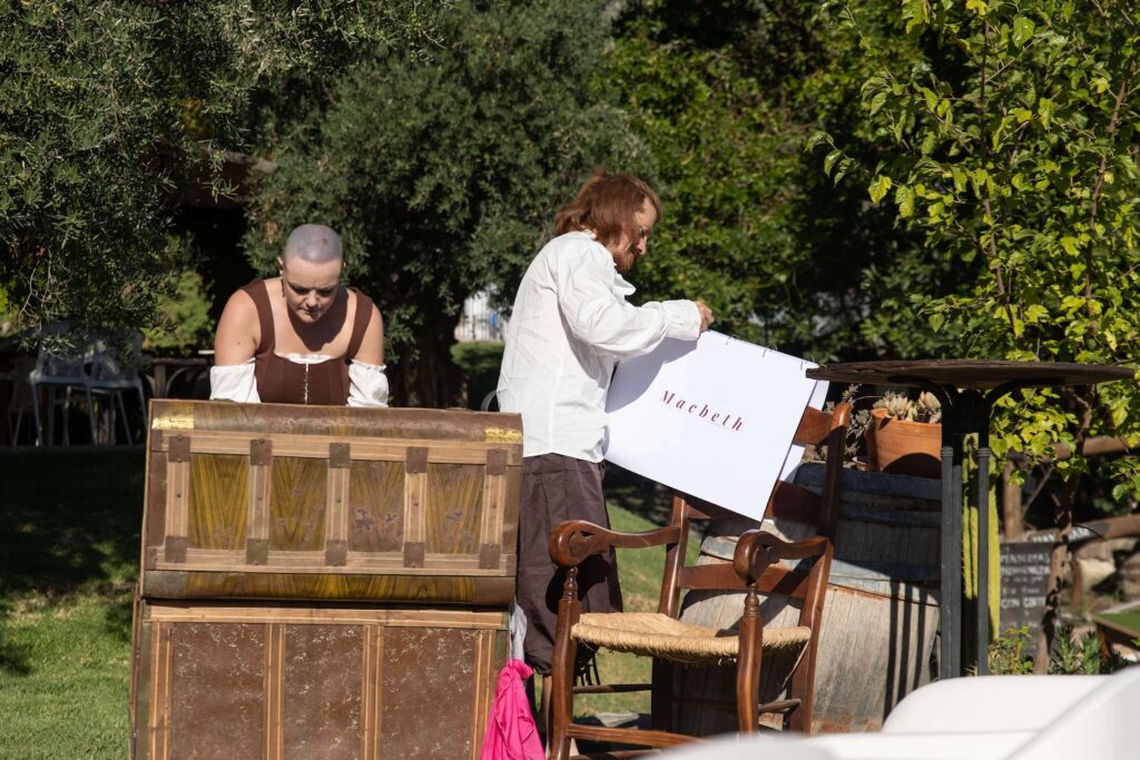 Two Roots Theatre actors performing with stage props during Shakespeare’s Scenes and Sonnets